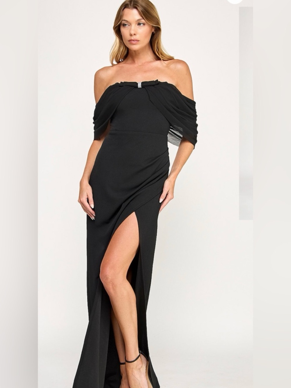 Othr Black One-Shoulder Evening Gown with Draped Sleeve